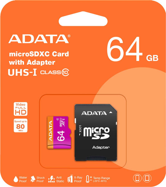 Cartão de memória microSDXC da Adata, 64 Gb, Classe 10 / UHS-1 U1, com adaptador AUSDX64GUICL10-RA1