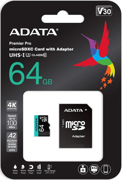 Cartão de Memória microSDXC Adata Premier Pro, 64Gb, Classe 10 / UHS-1 U3, Com Adaptador AUSDX64GUI3V30SA2-RA1