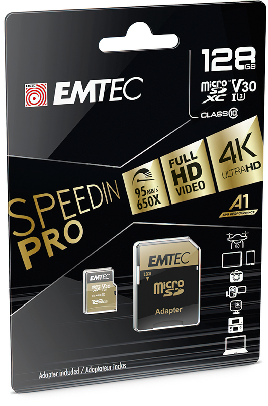 Cartão de Memória microSDXC Emtec Speedin Pro Android A1, 128Gb, Classe 10 / UHS-1 U3, Com Adaptador ECMSDM128GXE