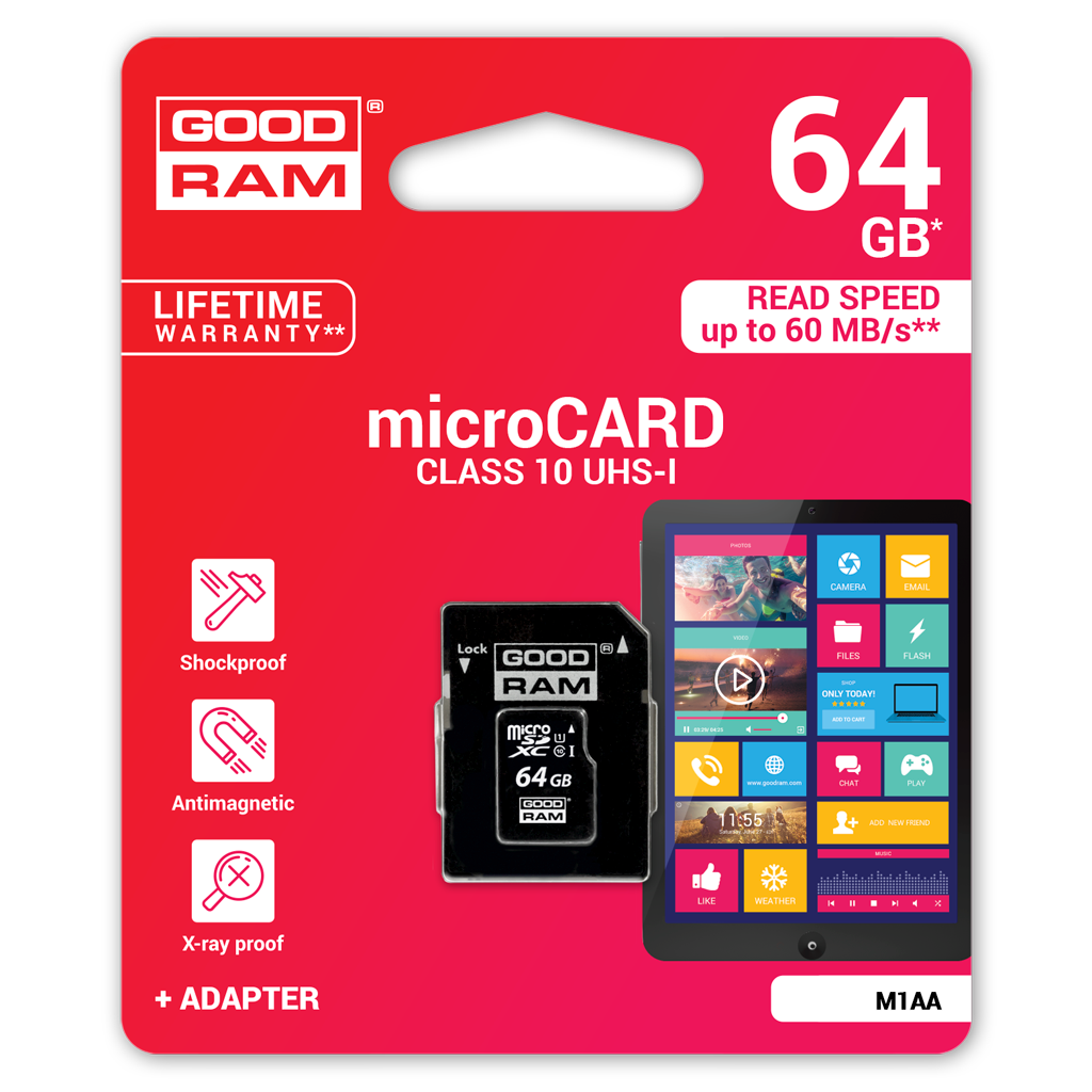 Cartão de Memória microSDXC GoodRam, 64Gb, Classe 10 / UHS-1 U1, Com Adaptador M1AA-0640R12