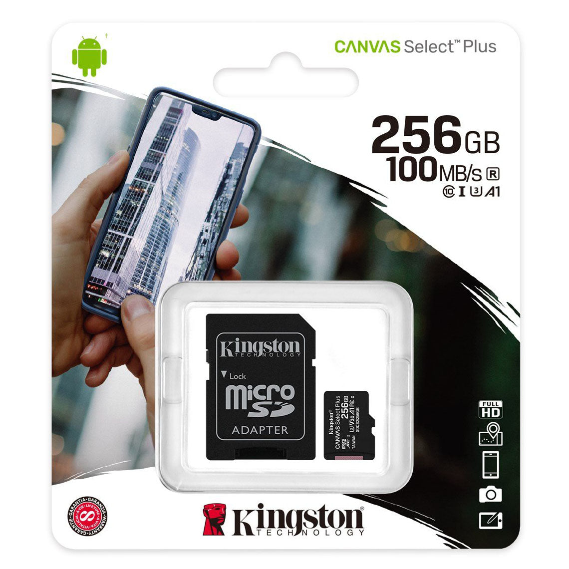 Cartão de Memória microSDXC Kingston Canvas Select Plus Android A1 Kingston Canvas Select Plus Android A1, 256Gb, Classe 10 / UHS-1 U1, com Adaptador SDCS2/256GB