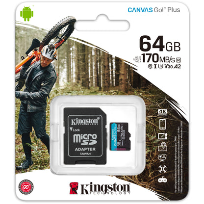 Cartão de Memória microSDXC Kingston Canvas Go Plus Kingston Canvas Go Plus, 64Gb, Classe 10 / UHS-1 U3, com Adaptador SDCG3/64GB