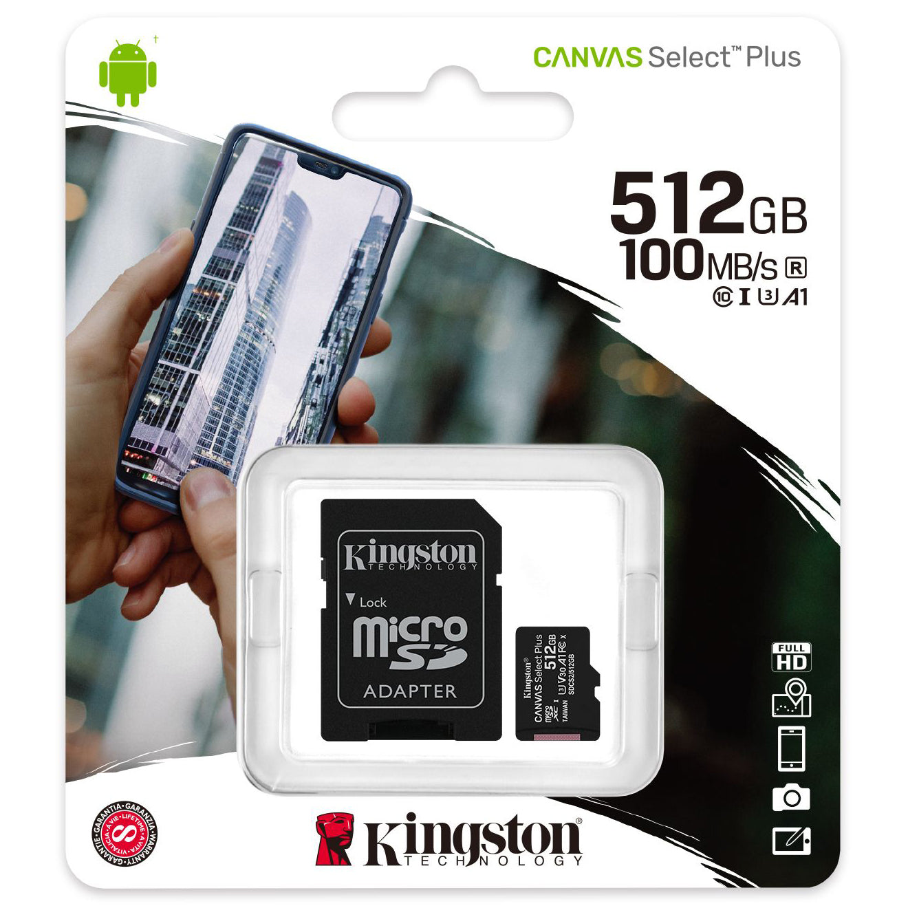 Cartão de Memória microSDXC Kingston Canvas Select Plus Kingston Canvas Select Plus, 512Gb, Classe 10 / UHS-1 U3, com Adaptador SDCS2/512GB