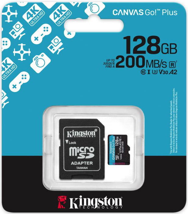 Cartão de Memória microSDXC Kingston Canvas Go Plus Android A2, 128Gb, Classe 10 / UHS-1 U3, Com Adaptador SDCG4/128GB