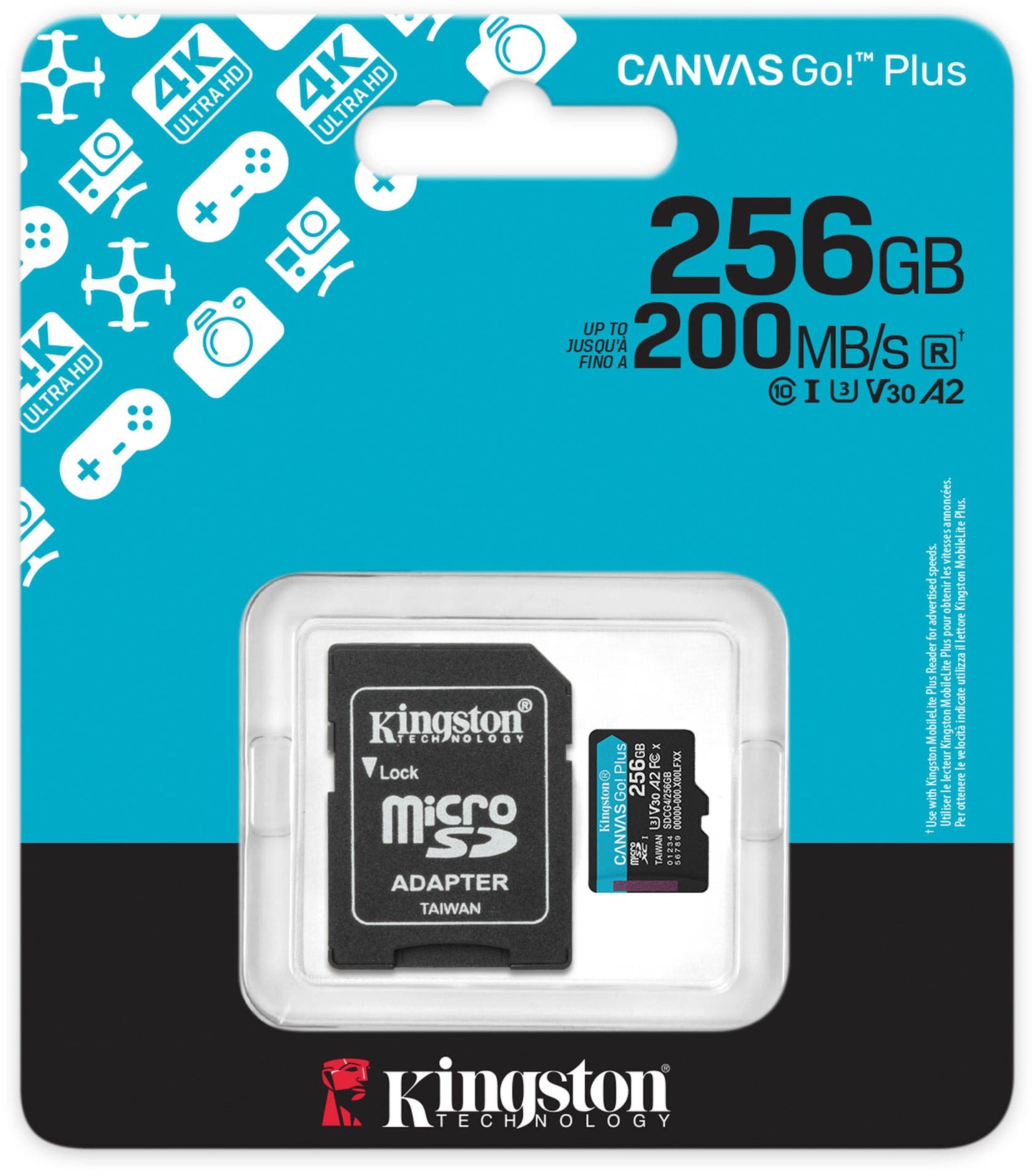 Cartão de Memória microSDXC Kingston Canvas Go Plus Android A2, 256Gb, Classe 10 / UHS-1 U3, Com Adaptador SDCG4/256GB