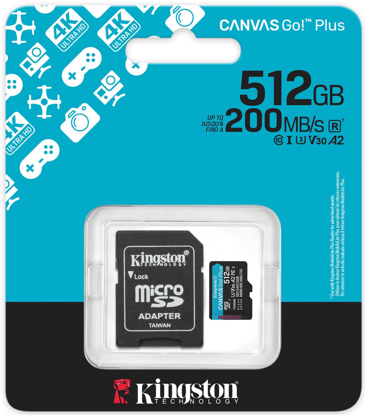 Cartão de Memória microSDXC Kingston Canvas Go Plus Android A2, 512Gb, Classe 10 / UHS-1 U3, Com Adaptador SDCG4/512GB