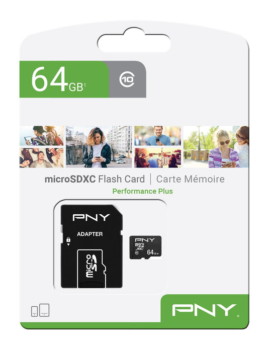 Cartão de Memória microSDXC PNY Performance Plus, 64Gb, Classe 10, Com Adaptador P-SDU64G10PPL-GE