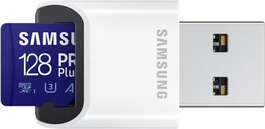 Cartão de Memória microSDXC Samsung PRO Plus, 128Gb, Classe 10 / UHS-1 U3, Com Leitor de Cartão e Adaptador MB-MD128KB/WW