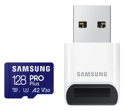 Cartão de Memória microSDXC Samsung PRO Plus, 128Gb, Classe 10 / UHS-1 U3, com Leitor de Cartão MB-MD128SB/WW