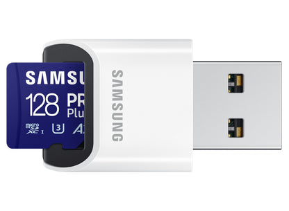 Cartão de Memória microSDXC Samsung PRO Plus, 128Gb, Classe 10 / UHS-1 U3, com Leitor de Cartão MB-MD128SB/WW