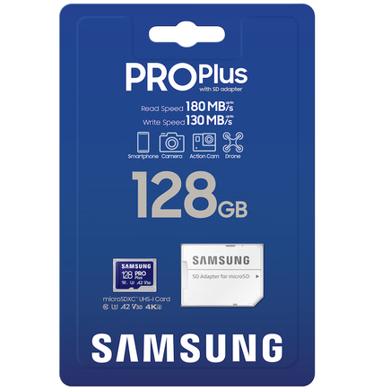 Cartão de Memória microSDXC Samsung PRO Plus, 128Gb, Classe 10 / UHS-1 U3, Com Adaptador MB-MD128SA/EU