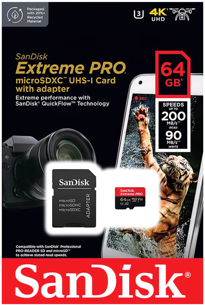 Cartão de Memória microSDXC SanDisk Extreme Pro, 64Gb, Classe 10 / UHS-1 U3, Com Adaptador SDSQXCU-064G-GN6MA