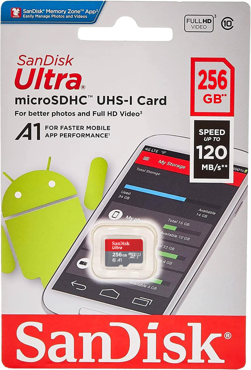 Cartão de Memória microSDXC SanDisk Ultra Android A1, 256Gb, Classe 10 / UHS-1 U1 SDSQUAC-256G-GN6MN