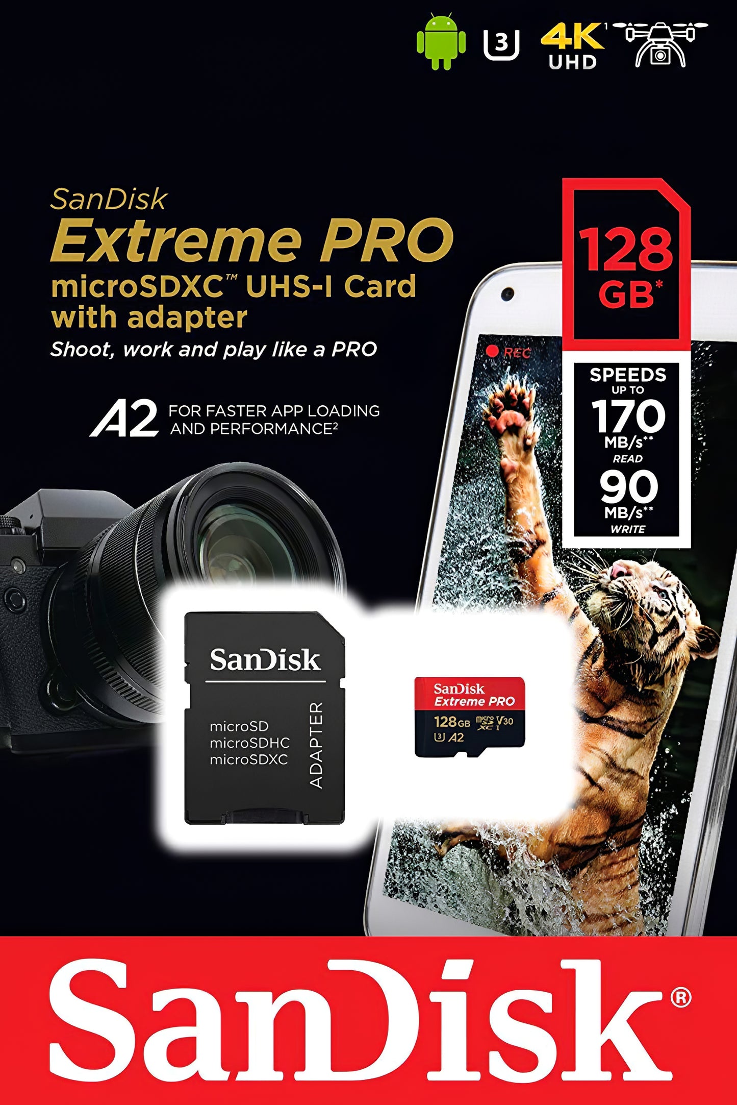 Cartão de Memória microSDXC SanDisk Extreme Pro, 128Gb, Classe 10 / UHS-1 U3, Com Adaptador SDSQXCD-128G-GN6MA