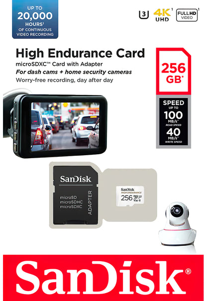 Cartão de Memória microSDXC SanDisk High Endurance, 256Gb, Classe 10 / UHS-1 U3, Com Adaptador SDSQQNR-256G-GN6IA