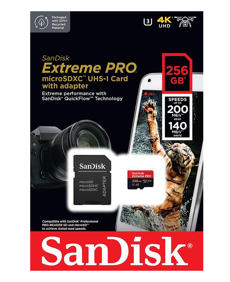 Cartão de Memória microSDXC SanDisk Extreme Pro, 256Gb, Classe 10 / UHS-1 U3, Com Adaptador SDSQXCD-256G-GN6MA
