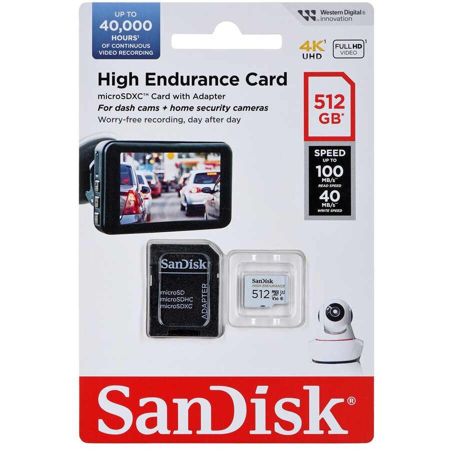 Cartão de Memória microSDXC SanDisk High Endurance, 512Gb, Classe 10 / UHS-1 U3, Com Adaptador SDSQQNR-512G-GN6IA