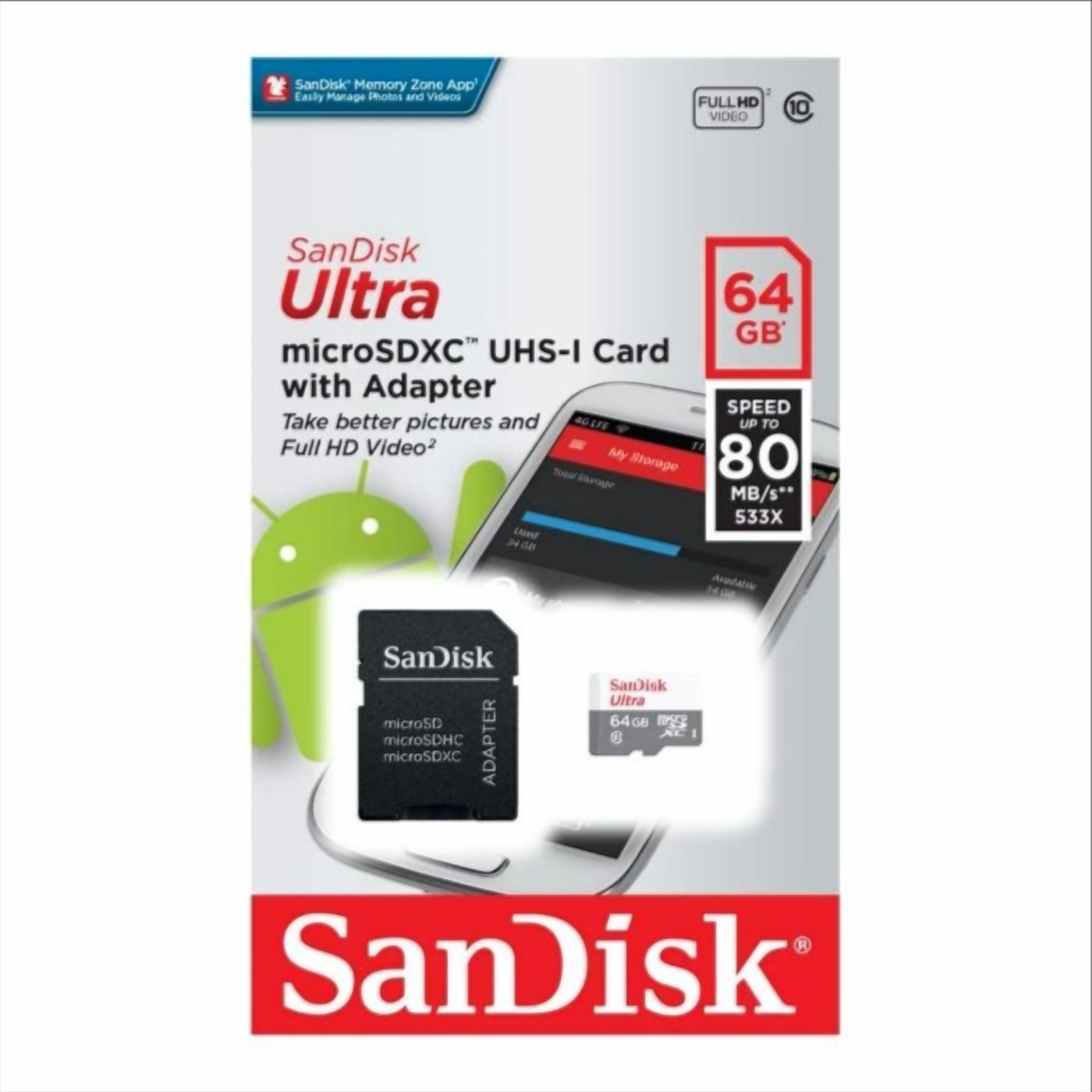 Cartão de Memória microSDXC SanDisk Ultra, 64Gb, Classe 10, Com Adaptador SDSQUNR-064G-GN3MA