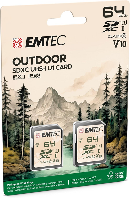 Cartão de Memória SDXC Emtec Rugged Outdoor, 64Gb, Classe 10 / UHS-1 U1, Conjunto 2 unidades ECMSD64GXCU1ORP2