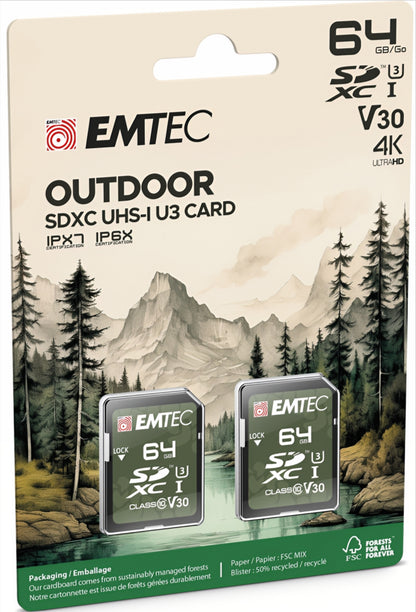 Cartão de Memória SDXC Emtec Rugged Outdoor, 64Gb, Classe 10 / UHS-1 U3, Conjunto 2 unidades ECMSD64GXCU3ORP