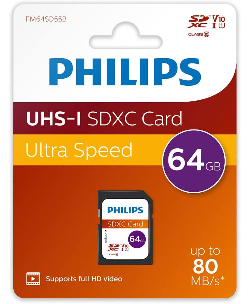 Cartão de Memória SDXC Philips, 64Gb, Classe 10 / UHS-1 U1 FM64SD55B/00