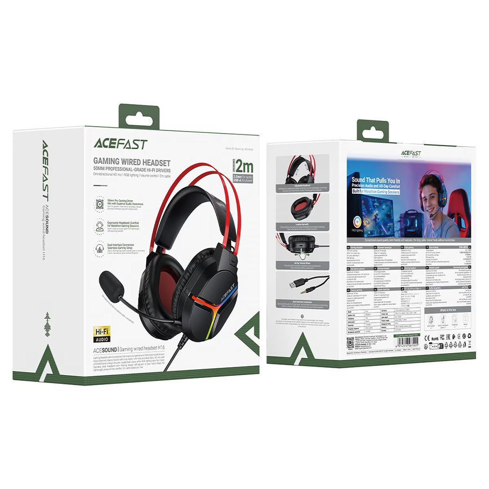 Auriculares Gaming 3.5mm Acefast H16, RGB, 2m, Pretos