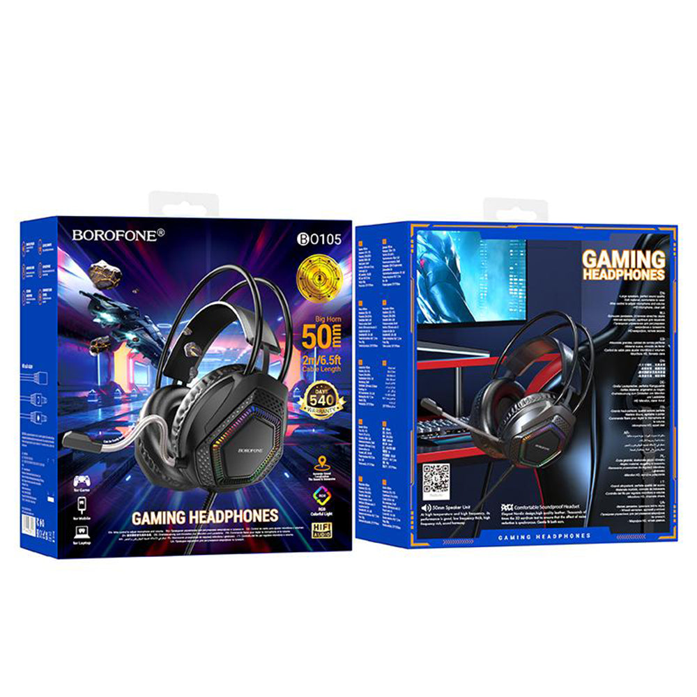 Auriculares Gaming 3.5mm Borofone BO105 Thunder, RGB, 2m, Pretos