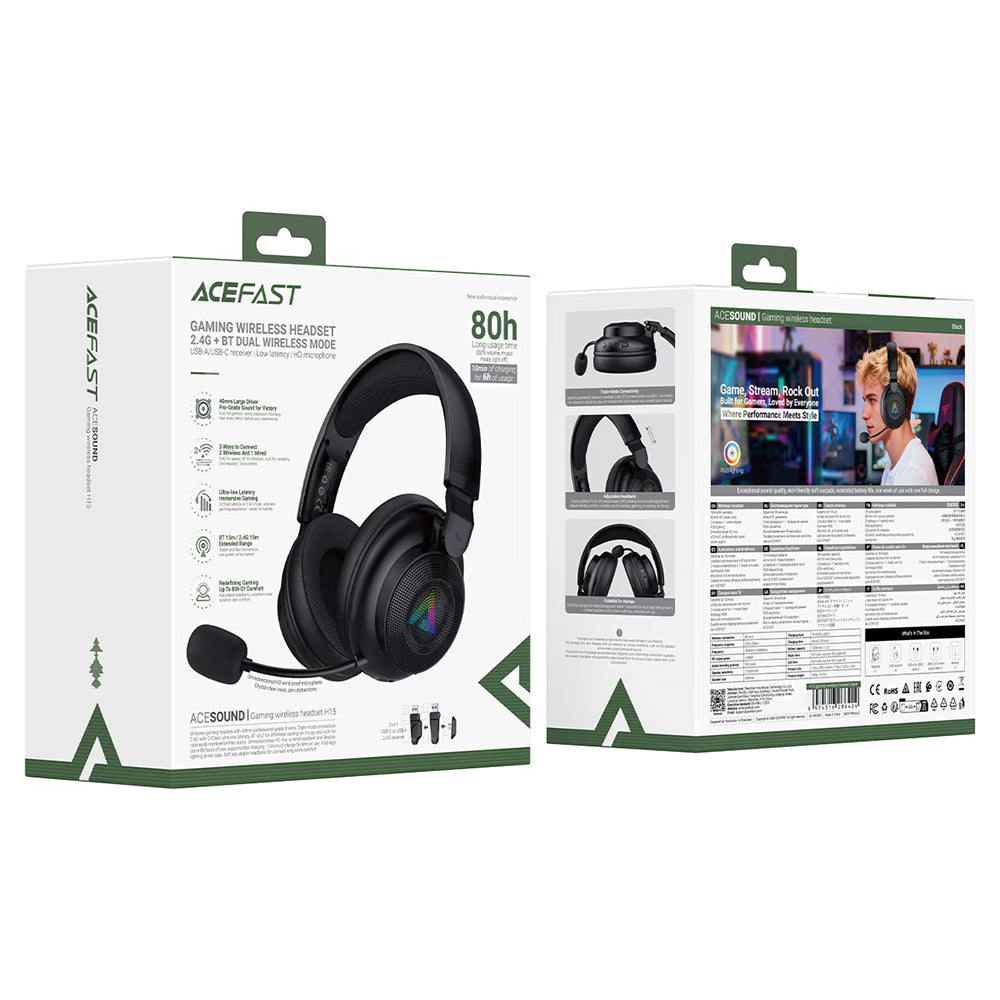 Auriculares Gaming Sem Fios Acefast H15, RGB, BT / Wi-FI / Com Fio, Pretos