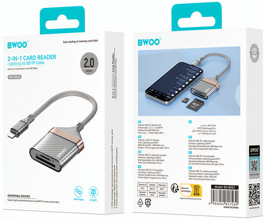 Leitor de cartões Lightning BWOO BZ63, SD - microSD, Cinzento