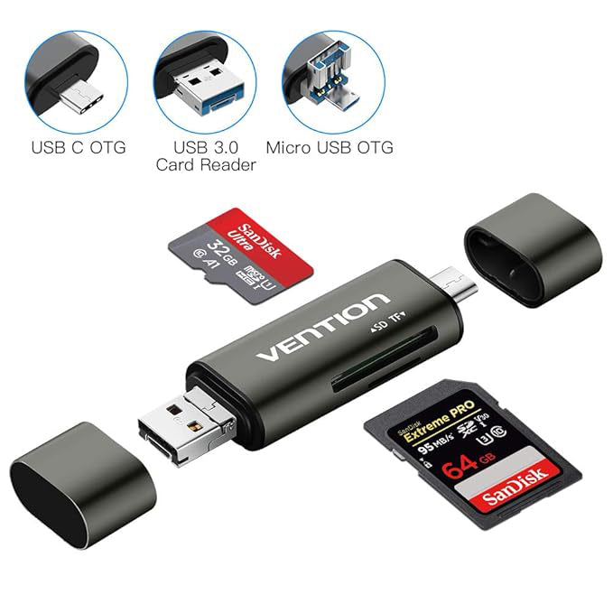 Leitor de Cartões USB / USB-C / microUSB Vention, SD - microSD, Cinzento CCJH0