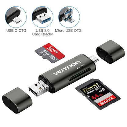 Leitor de Cartões USB / USB-C / microUSB Vention, SD - microSD, Cinzento CCJH0
