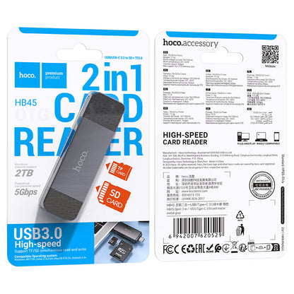 Leitor de Cartão USB 3.0 / USB-C HOCO HB45, SD - microSD, Cinzento