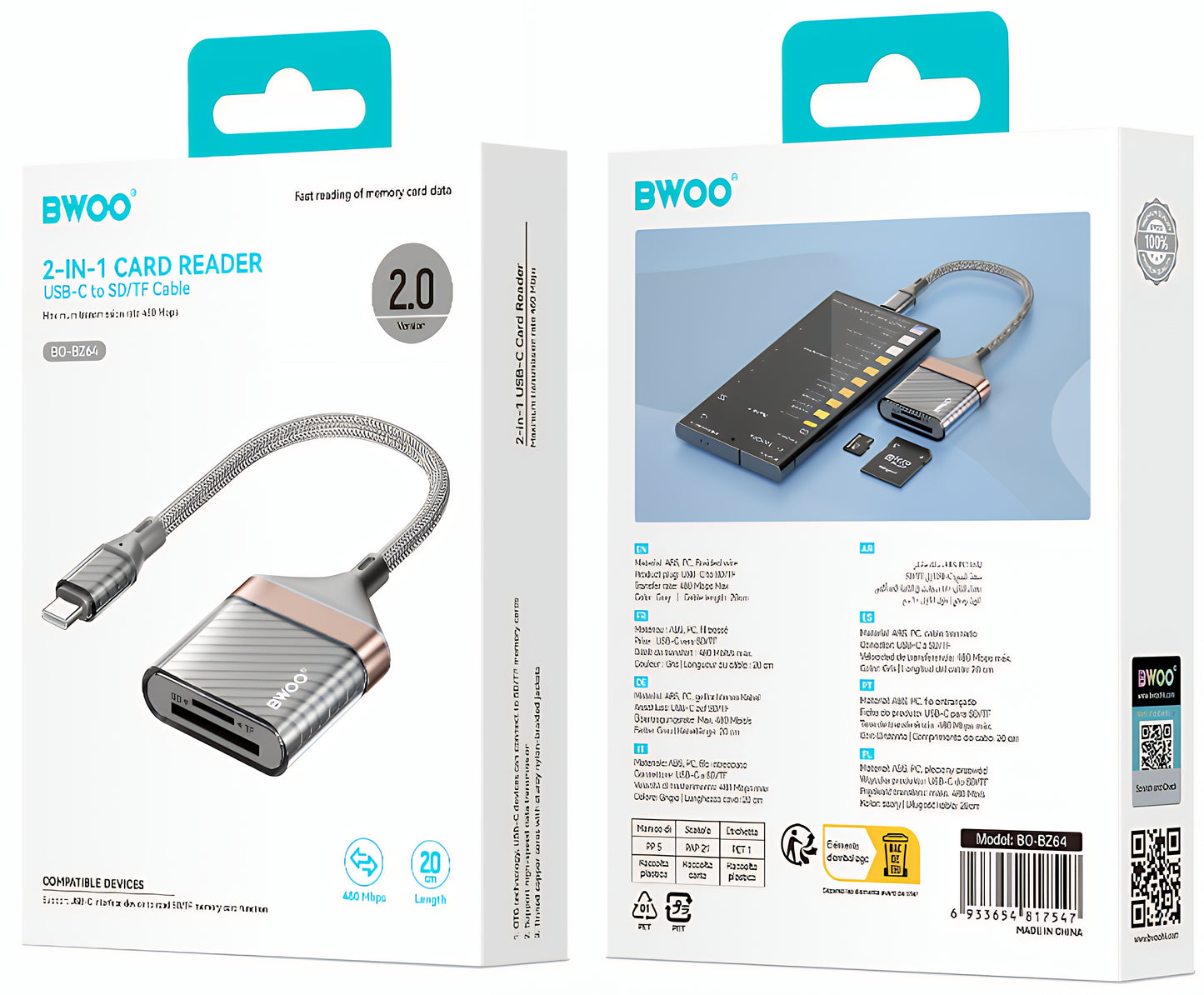 Leitor de Cartões USB-C BWOO BZ64, SD - microSD, Cinzento
