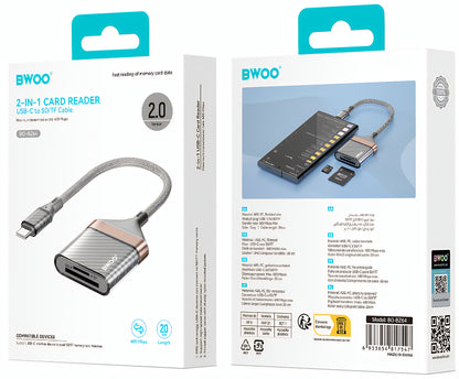 Leitor de Cartões USB-C BWOO BZ64, SD - microSD, Cinzento