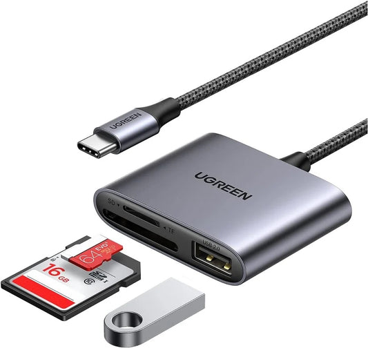 Leitor de Cartão USB-C UGREEN CM387, USB-A - SD - microSD, Preto
