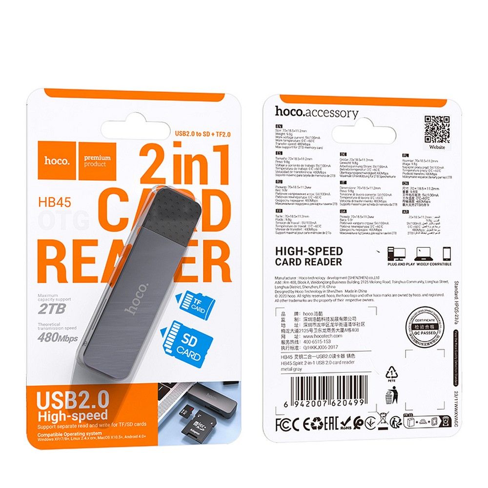 Leitor de Cartão USB HOCO HB45, SD - microSD, Cinzento