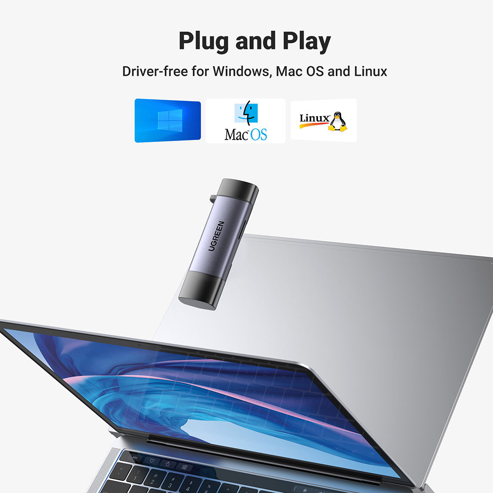 Leitor de Cartão USB / USB-C UGREEN CM185, SD - microSD, Cinzento