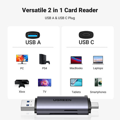 Leitor de Cartão USB / USB-C UGREEN CM185, SD - microSD, Cinzento