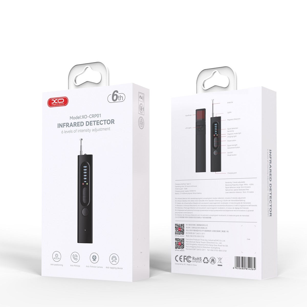 Detector IR dispositivos GSM / microfones ocultos / localizadores GPS XO Design CRP01, Preto
