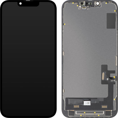 Display com Touchscreen MP compatível com Apple iPhone 14, com Moldura, Versão Soft OLED FHD Diagnóstico, Preto