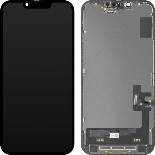 Display com Touchscreen MP compatível com Apple iPhone 14, com Moldura, Versão Soft OLED FHD Diagnóstico, Preto