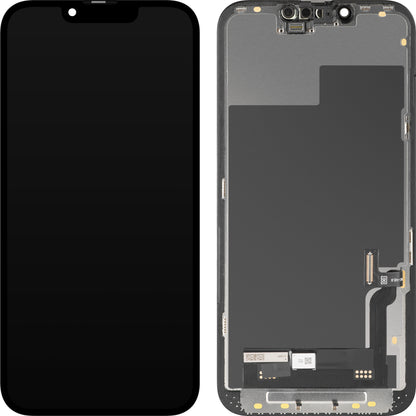 Display com Touchscreen MP compatível com Apple iPhone 13, com Moldura, Versão Soft OLED FHD Diagnóstico, Preto