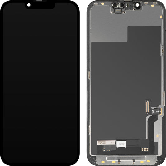 Display com Touchscreen MP compatível com Apple iPhone 13, com Moldura, Versão Soft OLED FHD Diagnóstico, Preto