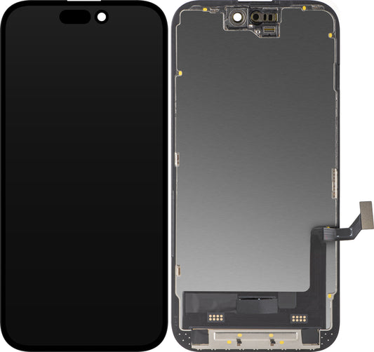 Display com Touchscreen MP compatível com Apple iPhone 15, com Moldura, Versão Soft OLED FHD Diagnóstico, Preto
