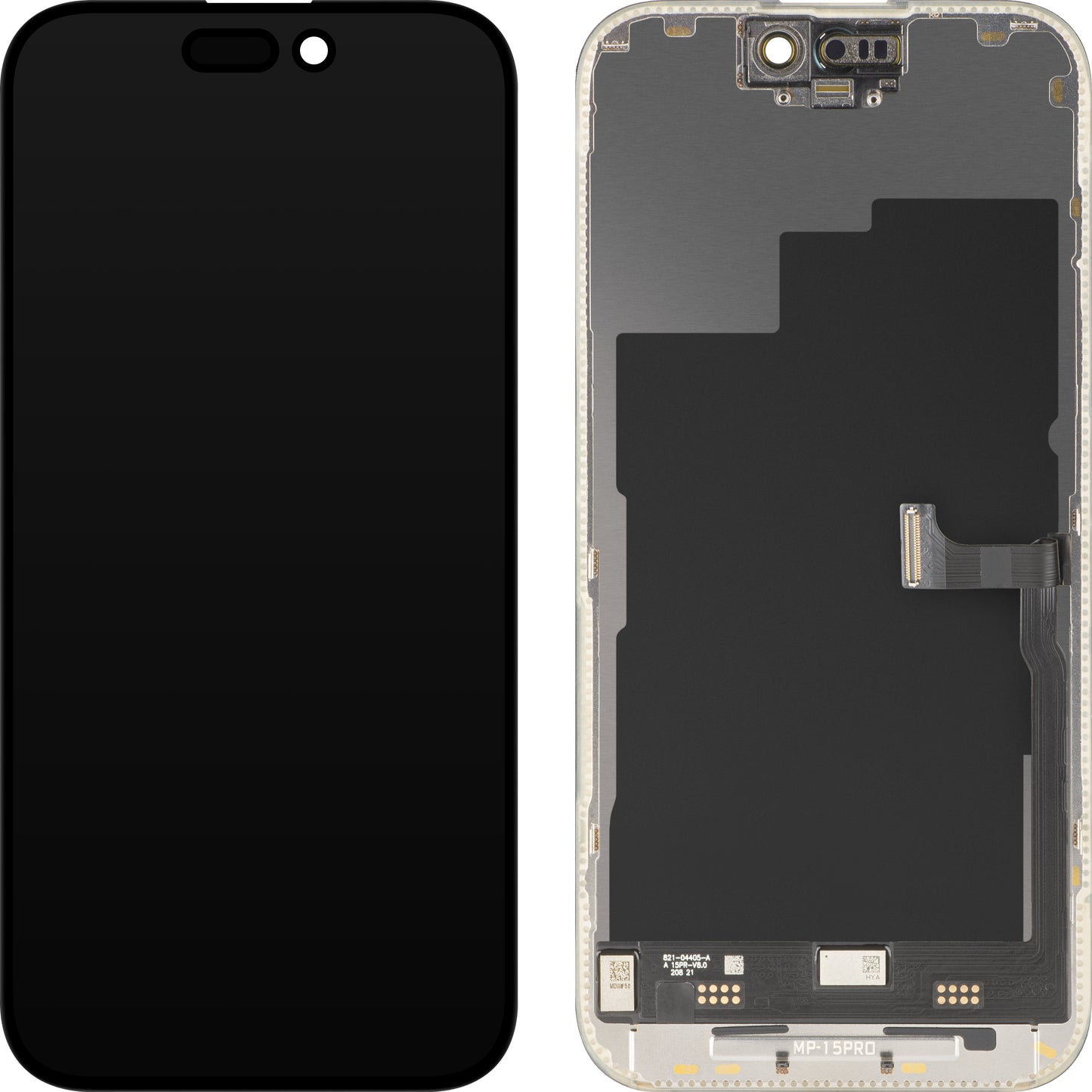 Ecrã com Touchscreen MP compatível com Apple iPhone 15 Pro, com Moldura, Versão Premium Soft OLED FHD 120Hz Diagnóstico, Preto