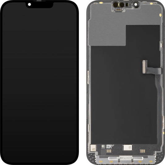Ecrã com ecrã tátil MP compatível com Apple iPhone 13 Pro Max, com Moldura, Versão Premium Soft OLED FHD 120Hz Diagnóstico, Preto
