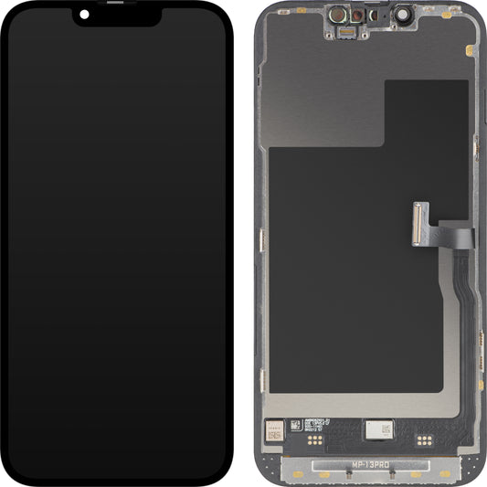 Ecrã com ecrã tátil MP compatível com Apple iPhone 13 Pro, com Moldura, Versão Premium Soft OLED FHD 120Hz Diagnóstico, Preto