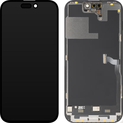 Ecrã com Touchscreen MP compatível com Apple iPhone 14 Pro, com Moldura, Versão Premium Soft OLED FHD 120Hz Diagnóstico, Preto