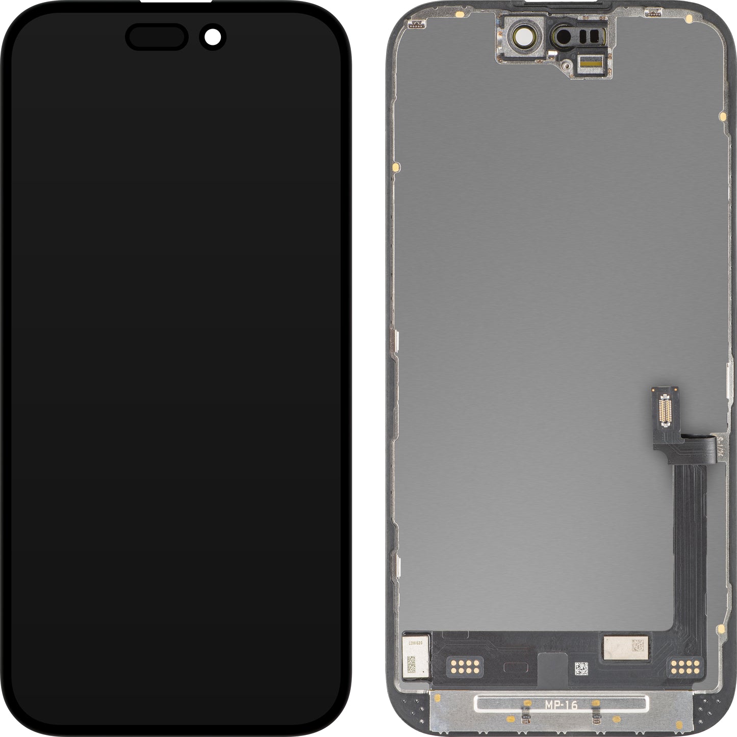 Ecrã com Touchscreen MP compatível com Apple iPhone 16, com Moldura, Versão Premium Soft OLED FHD Diagnóstico, Preto