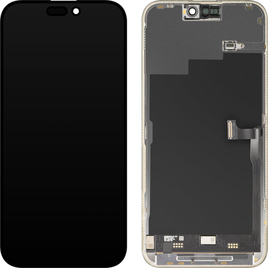 Ecrã com Touchscreen MP compatível com Apple iPhone 15 Pro Max, com Moldura, Versão Premium Soft OLED FHD 120Hz, Preto, Recondicionado